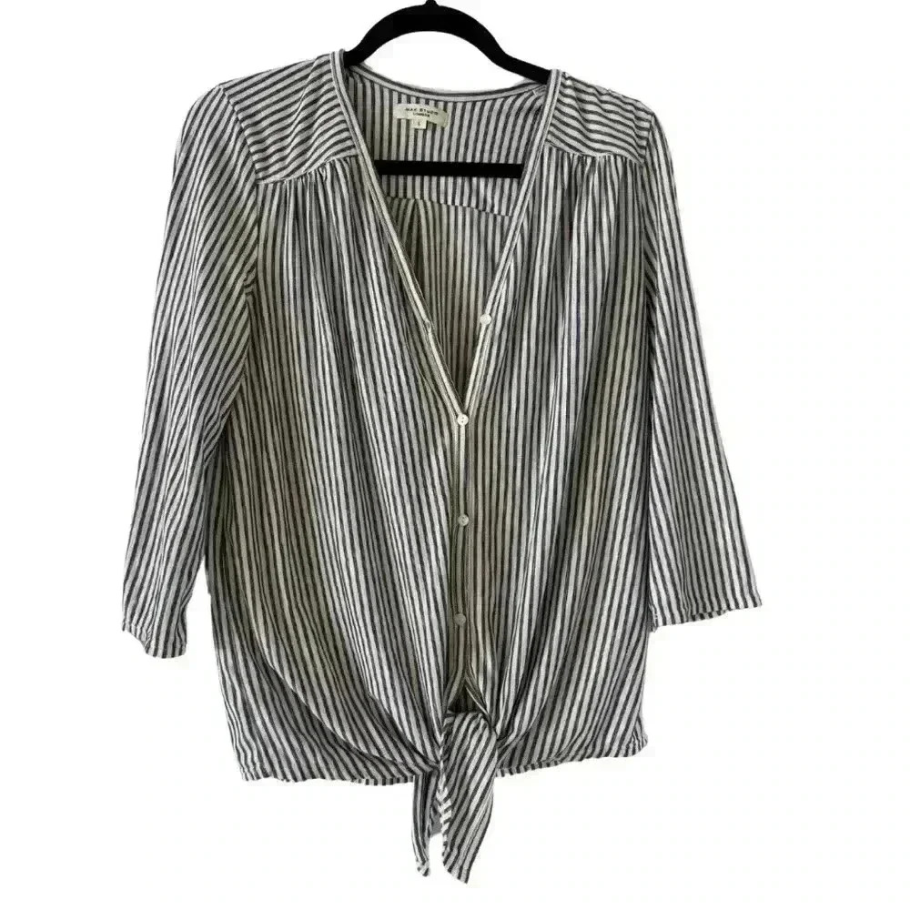 Max Studio London Striped Tie-Front 3/4 Sleeve Blouse Women’s Size L Casual Chic